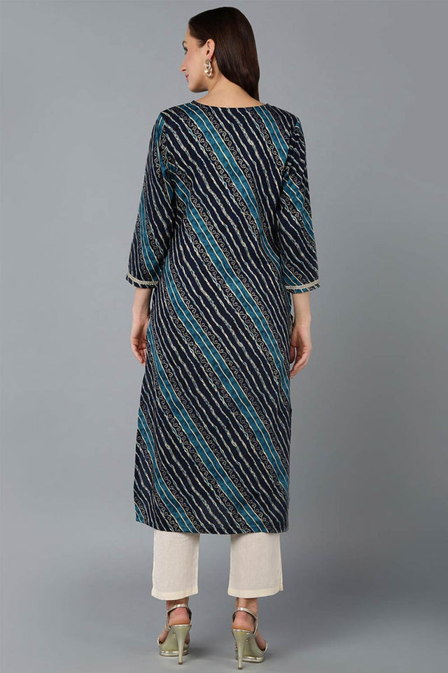 Blue Cotton Printed Straight Kurti