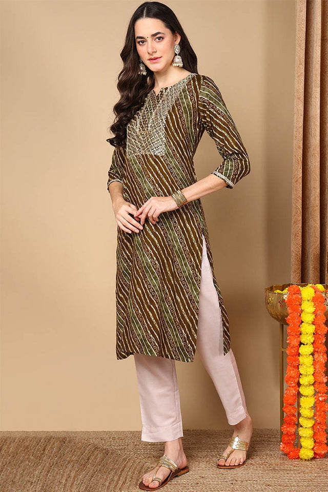 Green Rayon Leheriya Straight Kurti