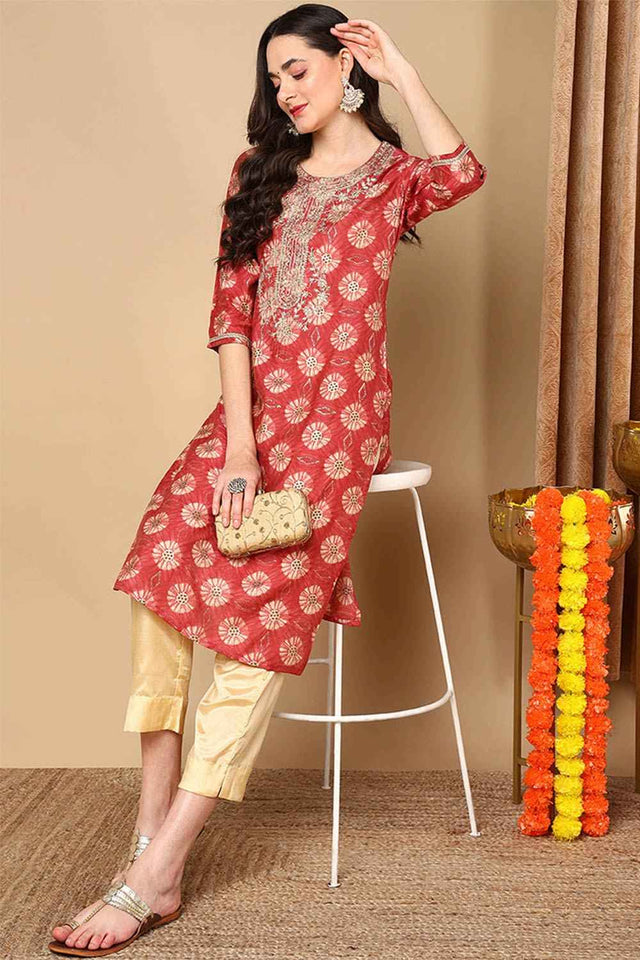 Red Silk Blend Printed Straight Kurti