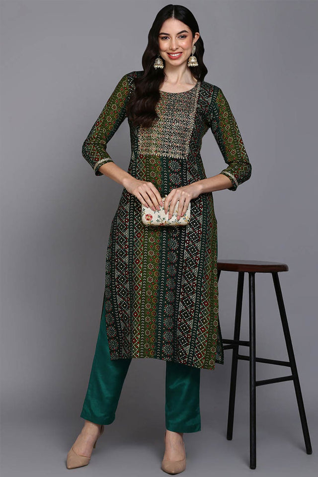 Green Rayon Embroidered Round Neck Kurti