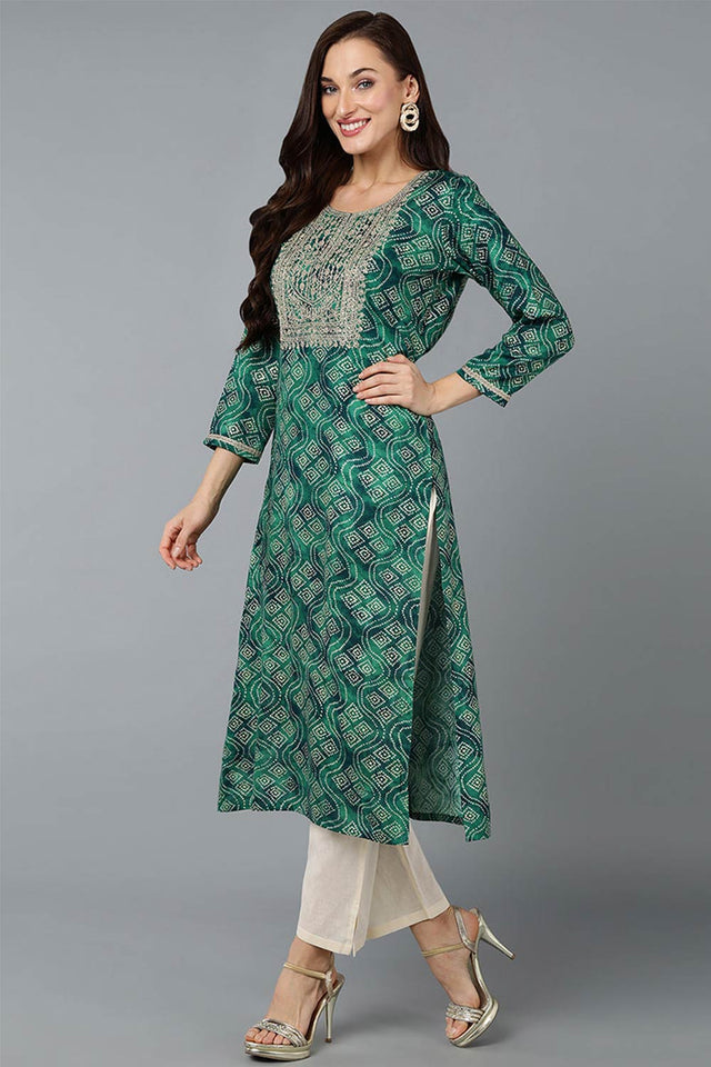 Green Cotton Printed Straight Kurti