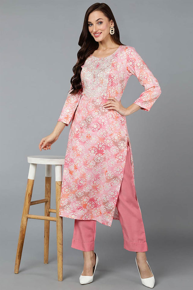 Green Cotton Printed Straight Kurti