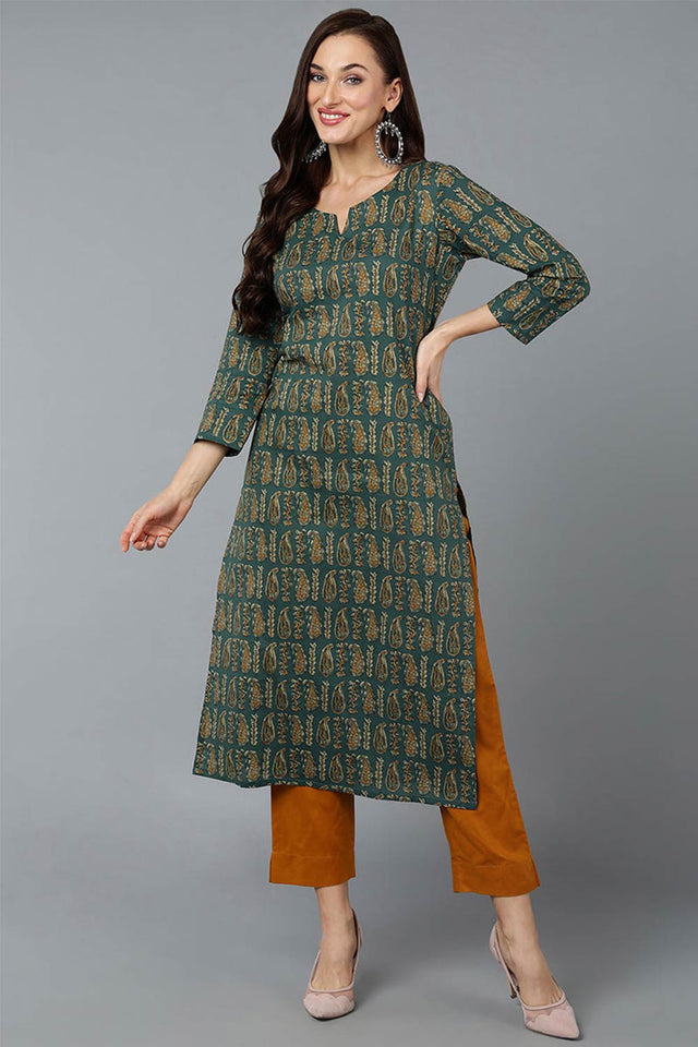 Green Cotton Paisley Print Straight Kurti