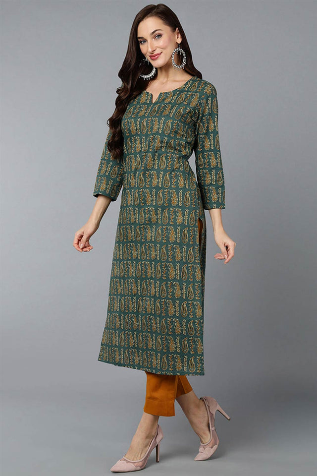 Green Cotton Paisley Print Straight Kurti
