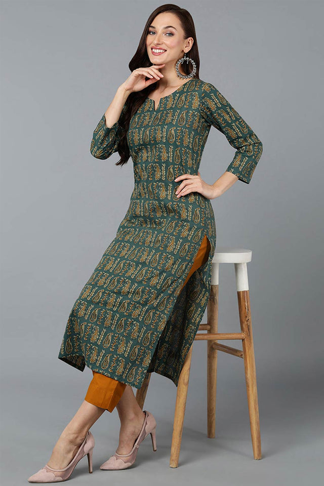 Green Cotton Paisley Print Straight Kurti