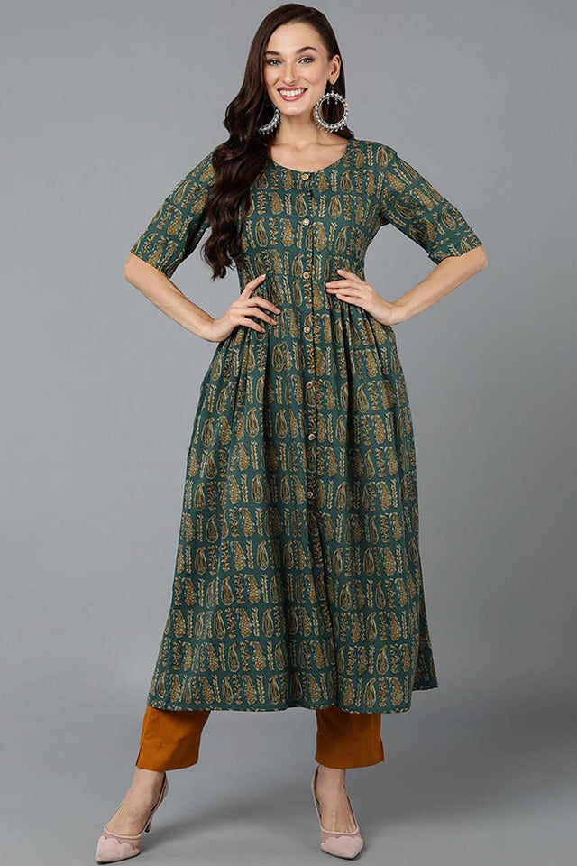 Green Cotton Embroidered Round Neck Kurti