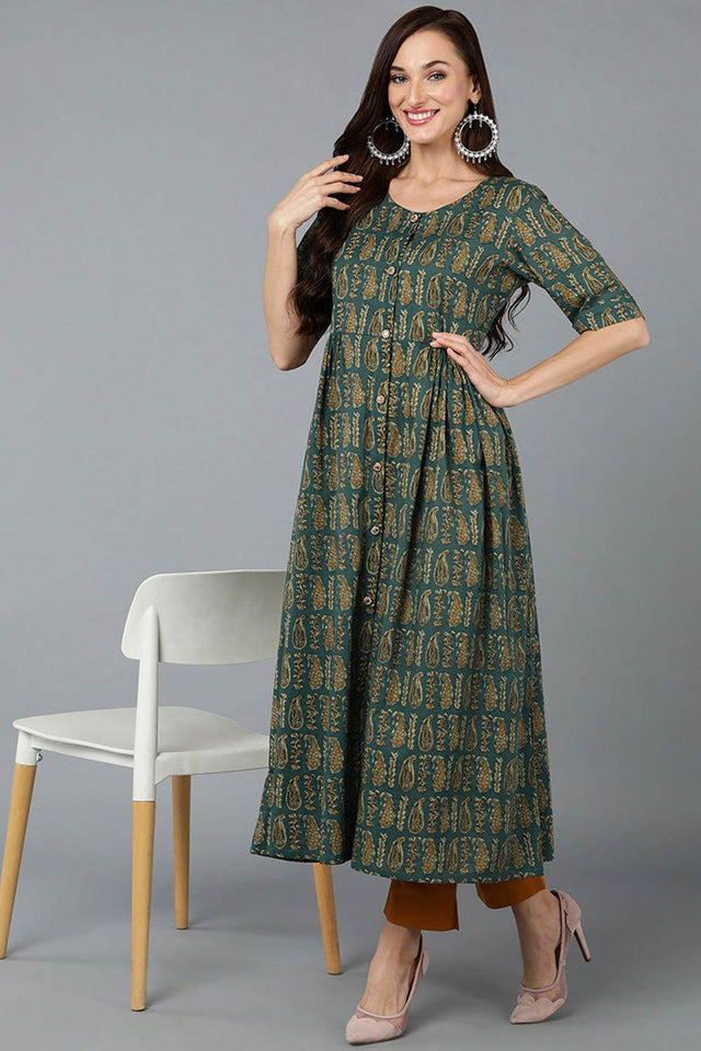 Green Cotton Embroidered Round Neck Kurti