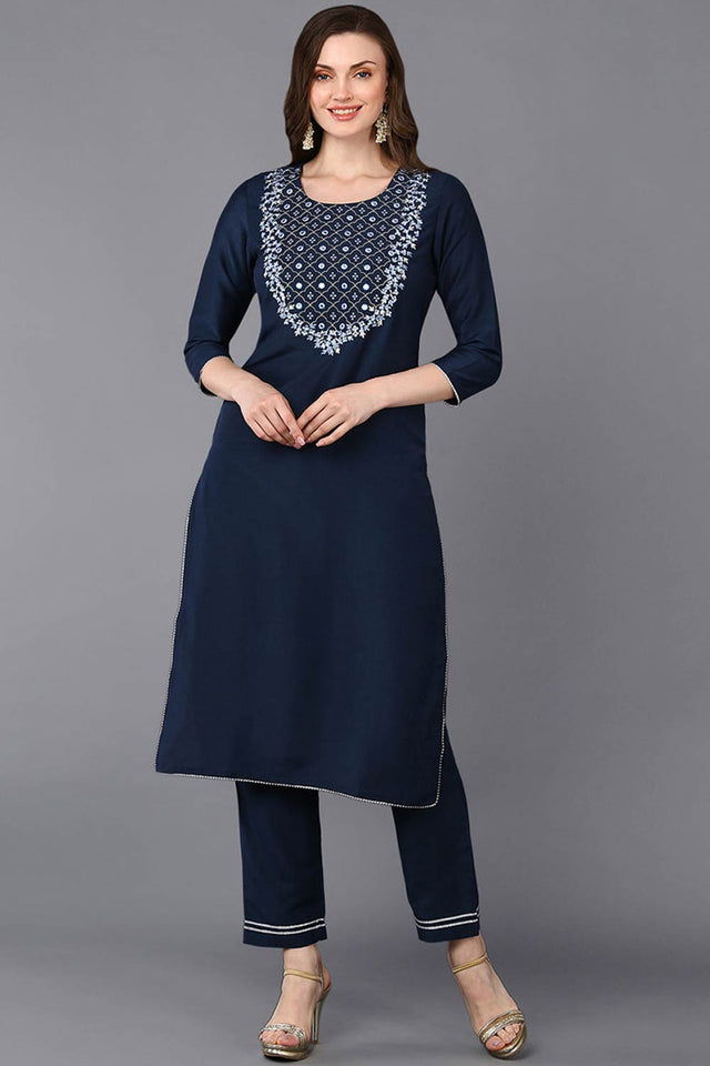 Blue Silk Blend Round Neck Kurti