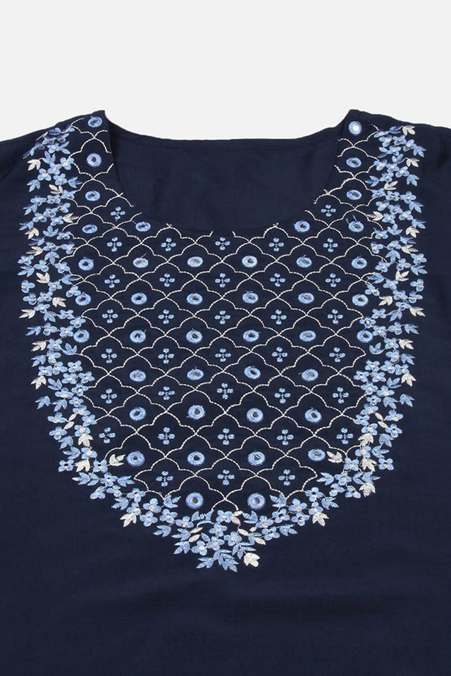 Blue Silk Blend Round Neck Kurti