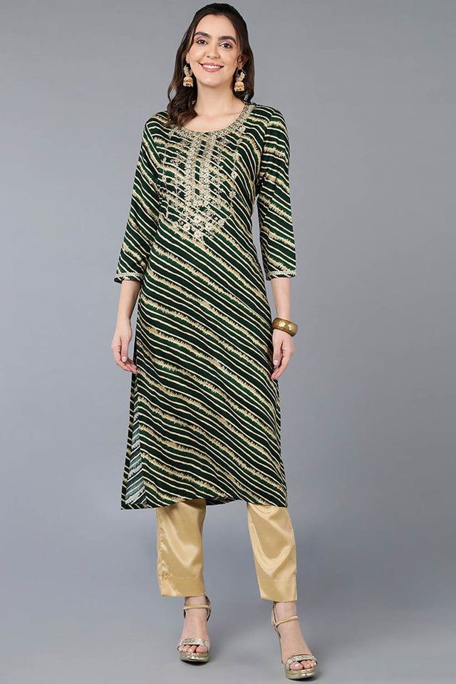 Green Rayon Leheriya Straight Kurti
