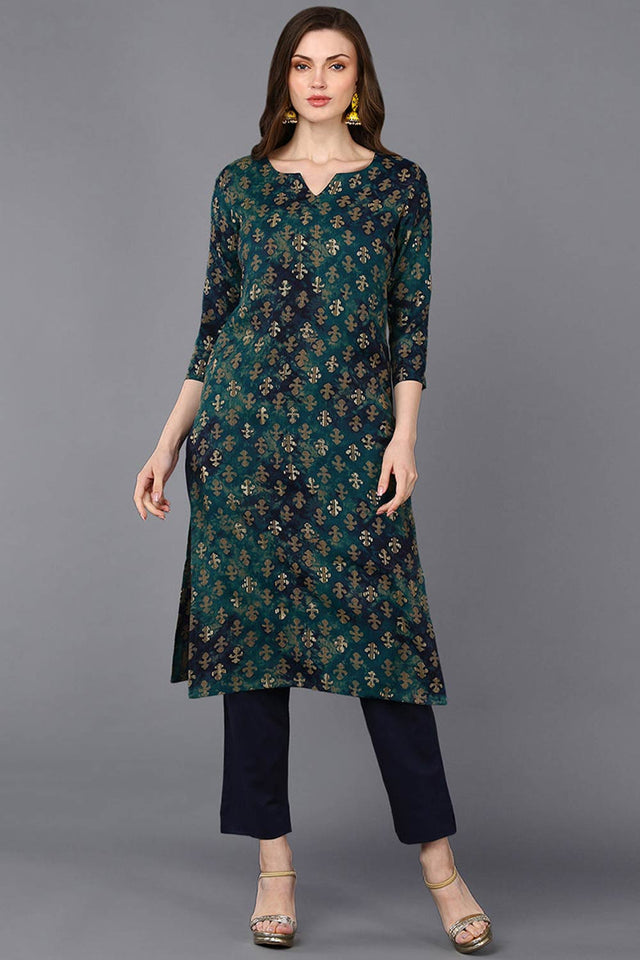 Blue Silk Blend Floral Print Round Neck Kurti