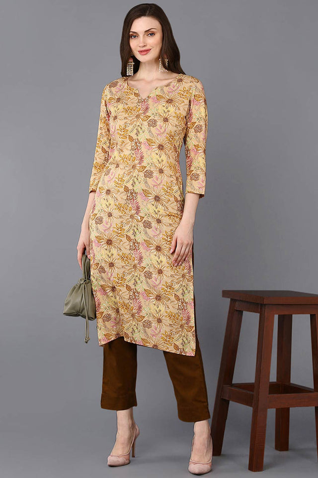 Beige Rayon Floral Straight Kurti