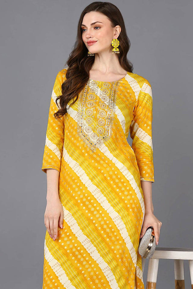 Yellow Rayon Floral Print Round Neck Kurti