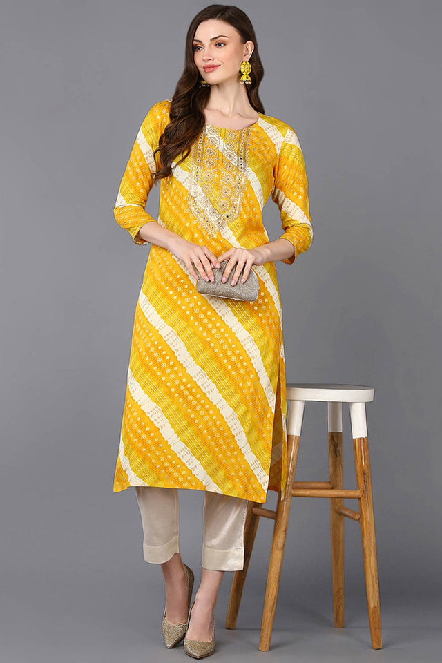 Yellow Rayon Floral Print Round Neck Kurti