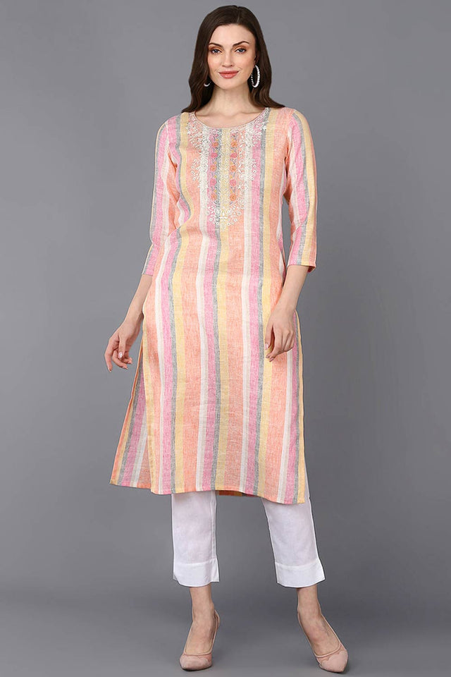 Multi-Color Cotton Stripe Straight Kurti