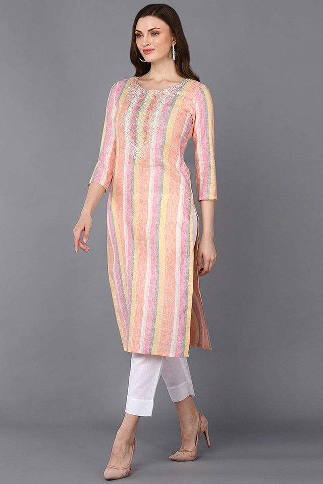 Multi-Color Cotton Stripe Straight Kurti