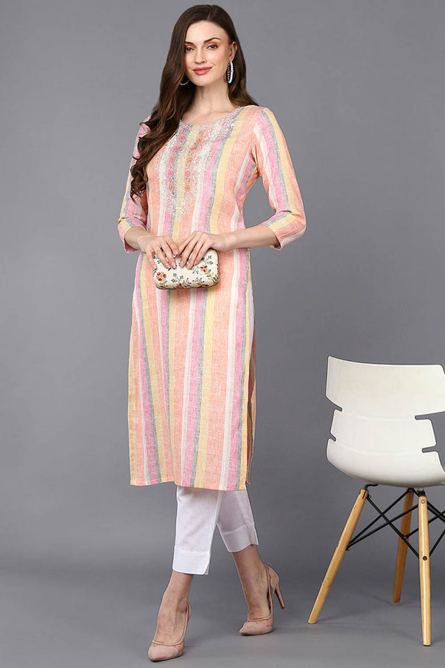 Multi-Color Cotton Stripe Straight Kurti