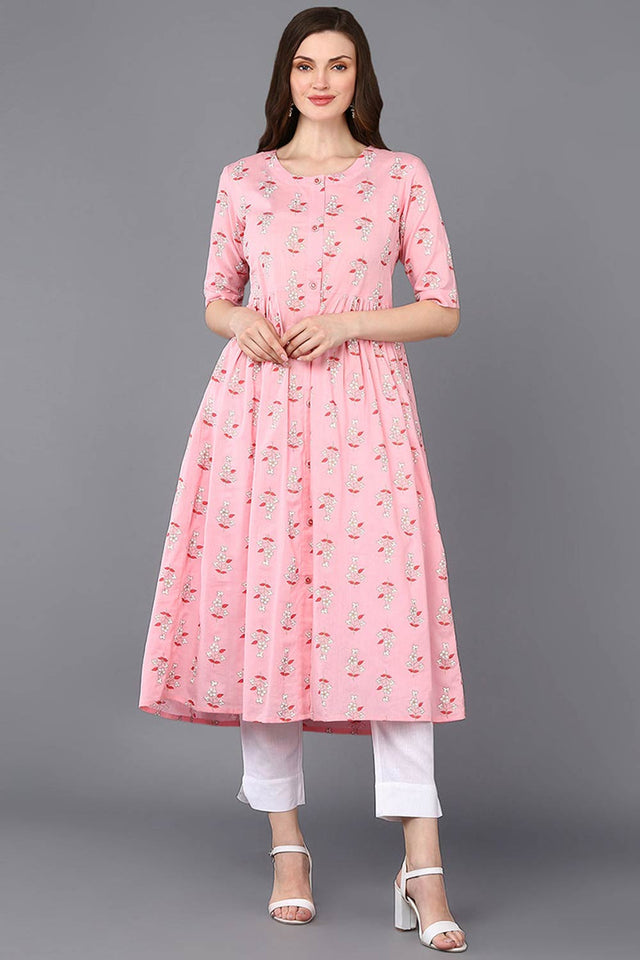Pink Cotton Printed Flared Fit Kurti