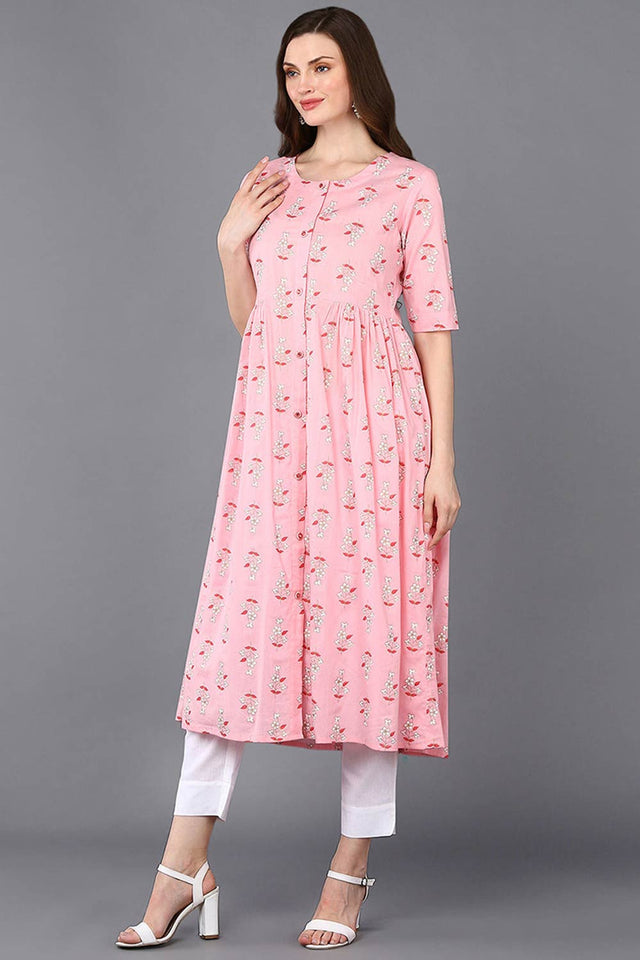 Pink Cotton Printed Flared Fit Kurti