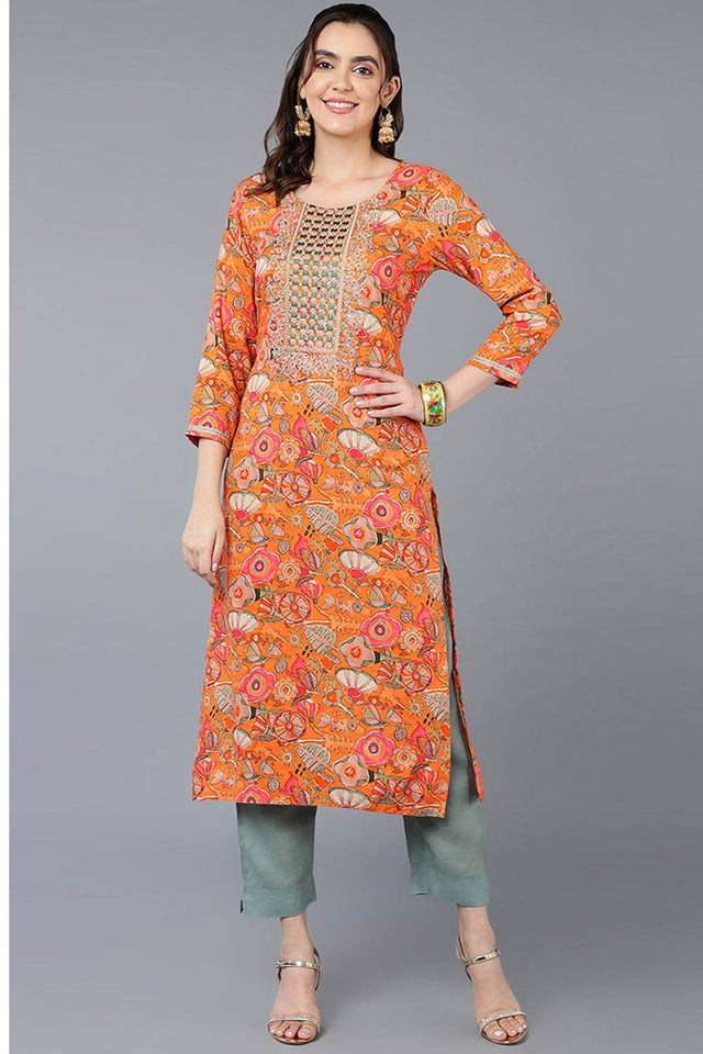 Orange Rayon Floral Print Round Neck Kurti