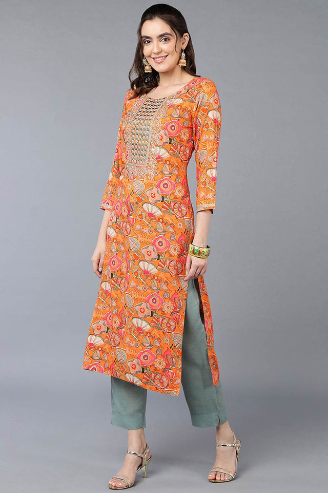 Orange Rayon Floral Print Round Neck Kurti