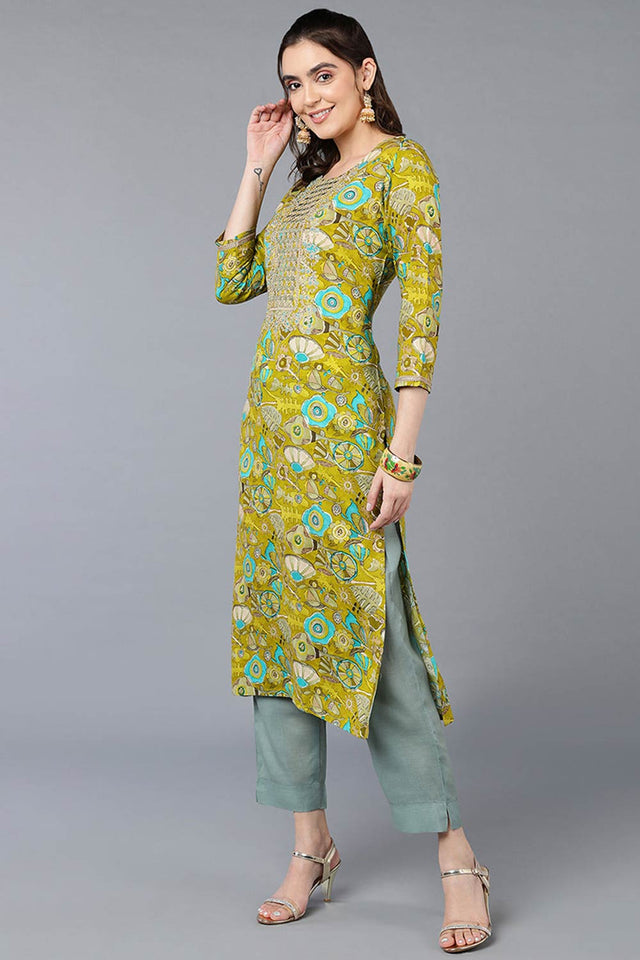 Green Rayon Floral Straight Kurti