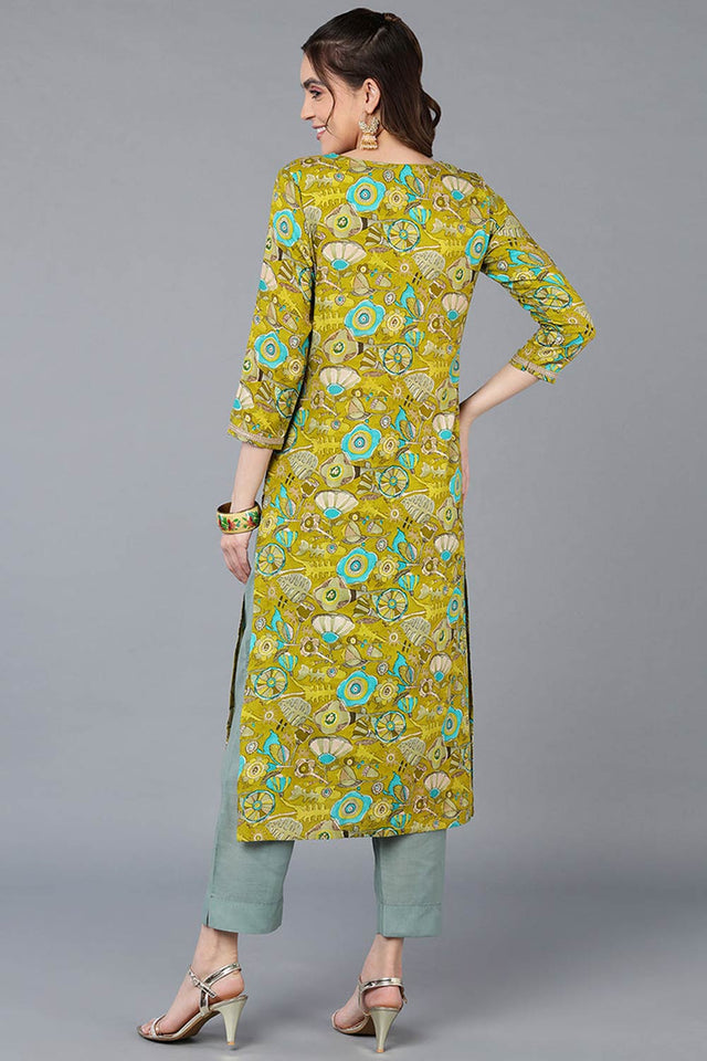 Green Rayon Floral Straight Kurti