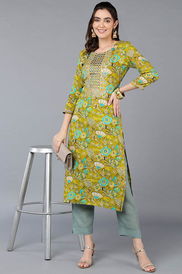 Green Rayon Floral Straight Kurti