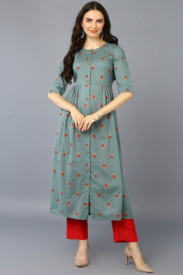Green Cotton Bandhani Round Neck Kurti