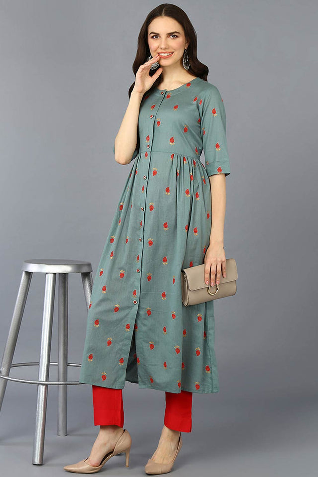 Green Cotton Bandhani Round Neck Kurti