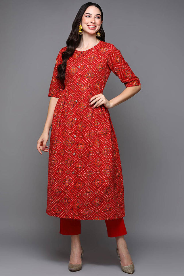 Red Cotton Floral Print Round Neck Kurti