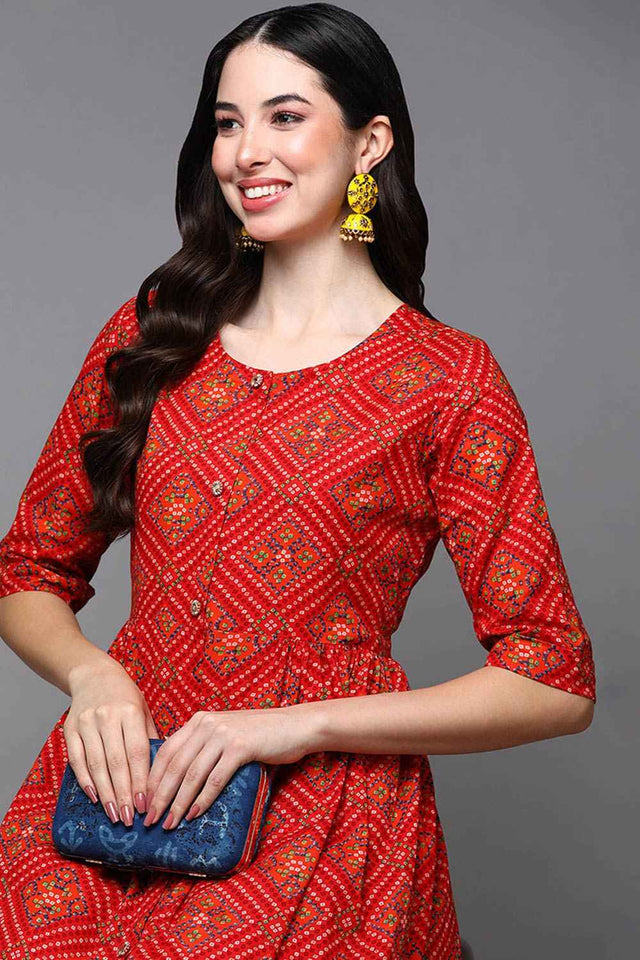 Red Cotton Floral Print Round Neck Kurti