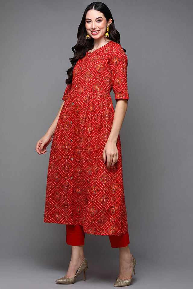 Red Cotton Floral Print Round Neck Kurti