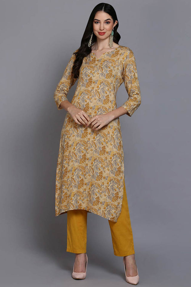 Yellow Rayon Floral Straight Kurti
