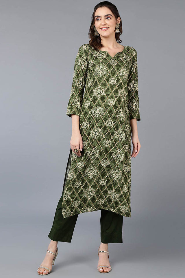 Green Rayon Printed Straight Kurti