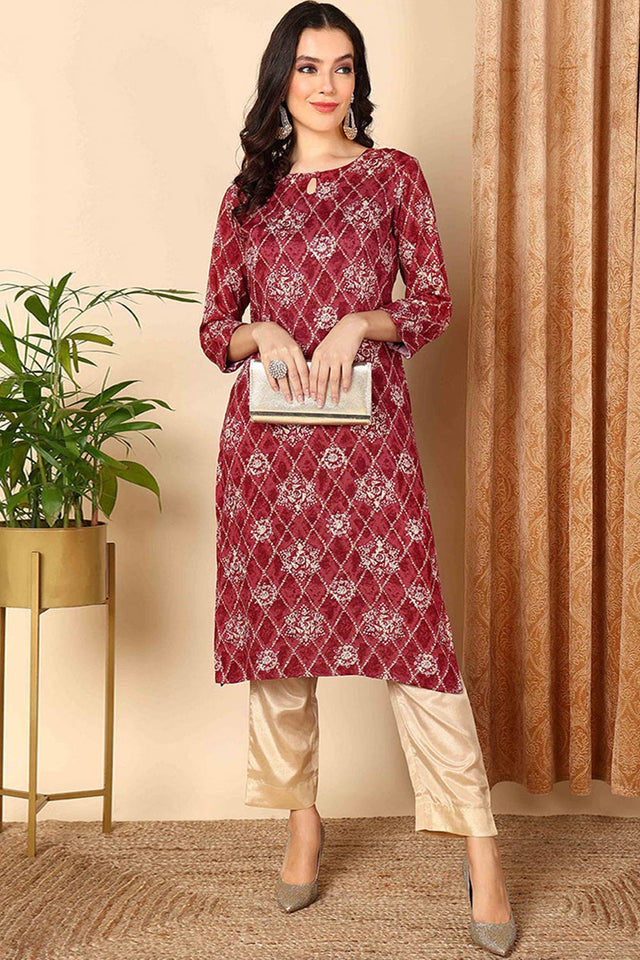 Red Rayon Embroidered Keyhole Neck Kurti