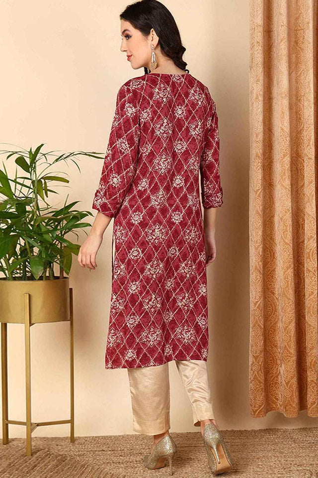 Red Rayon Embroidered Keyhole Neck Kurti