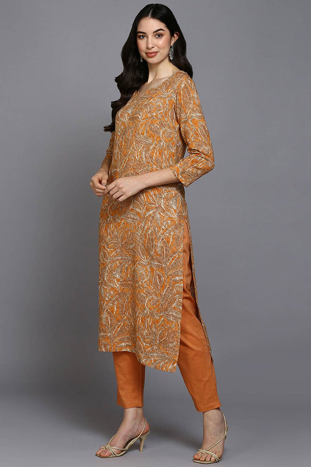 Orange Rayon Floral Print Round Neck Kurti