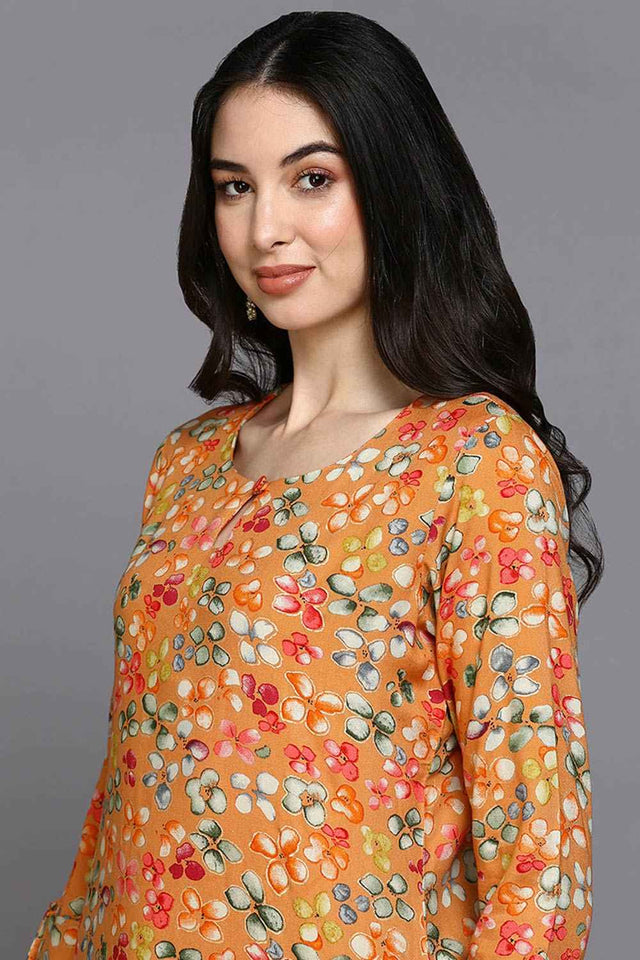 Orange Rayon Floral Straight Kurti