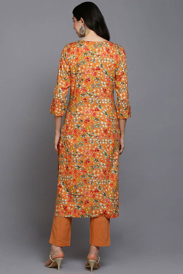 Orange Rayon Floral Straight Kurti