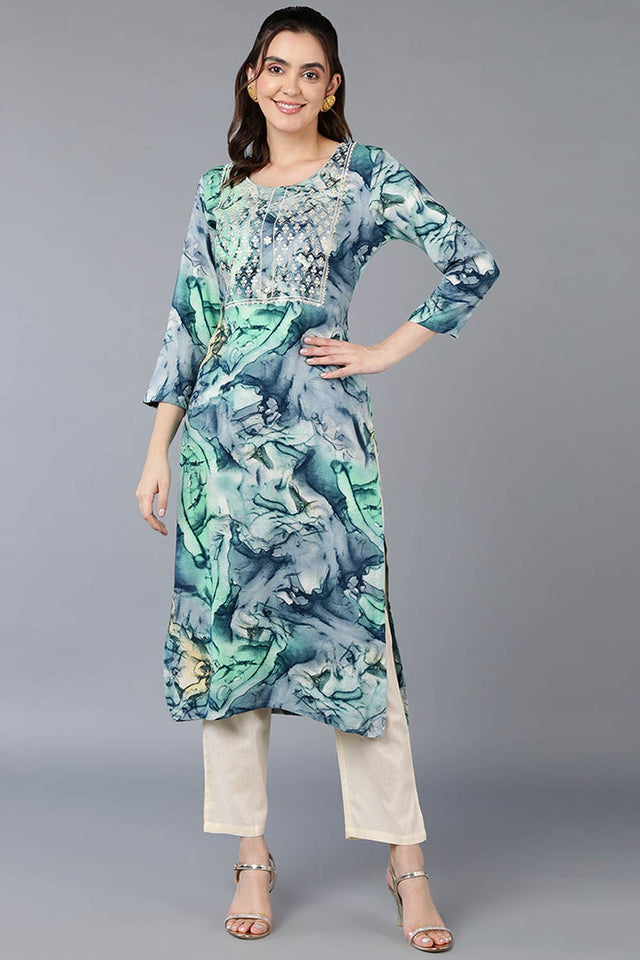 Blue Rayon Embroidered Round Neck Kurti