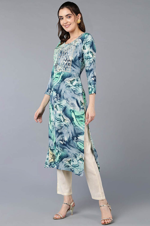 Blue Rayon Embroidered Round Neck Kurti