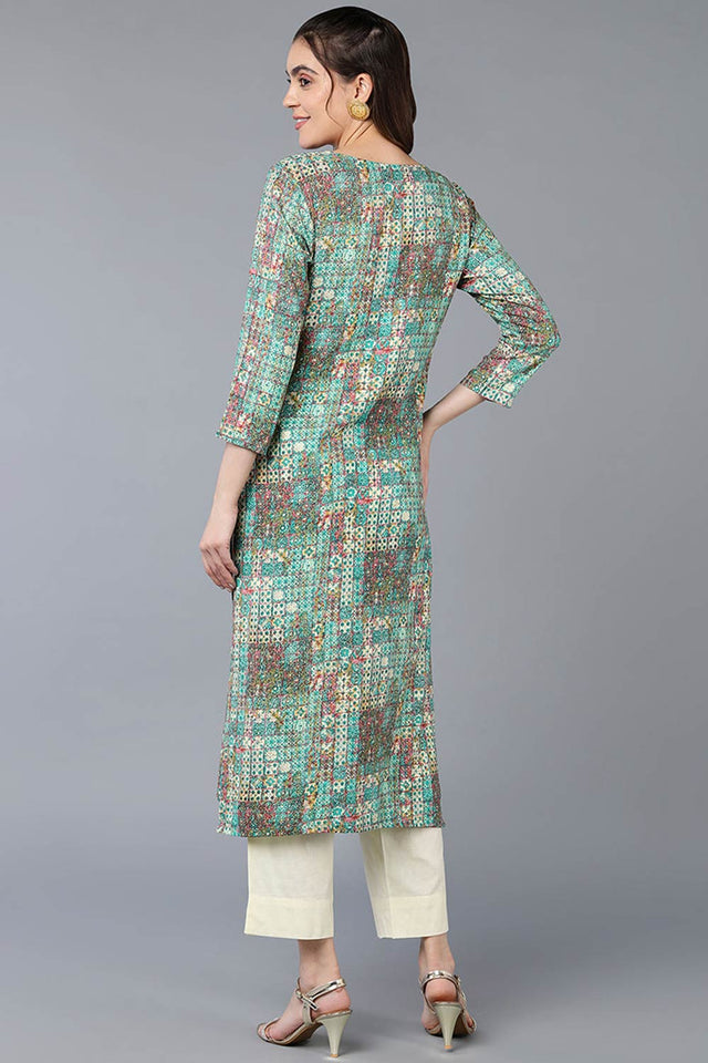 Blue Cotton Blend Embroidered Round Neck Kurti