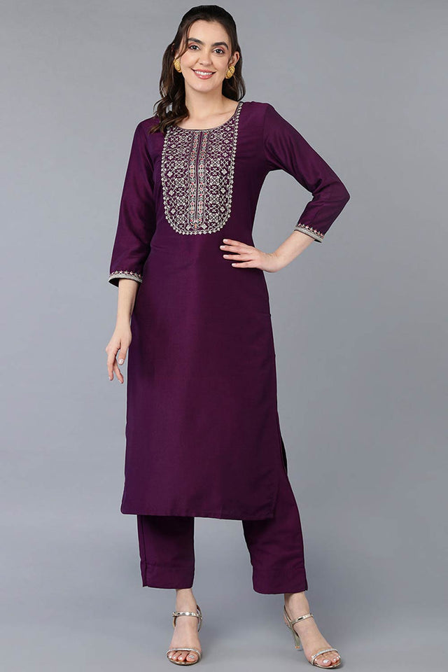 Purple Silk Blend Round Neck Kurti