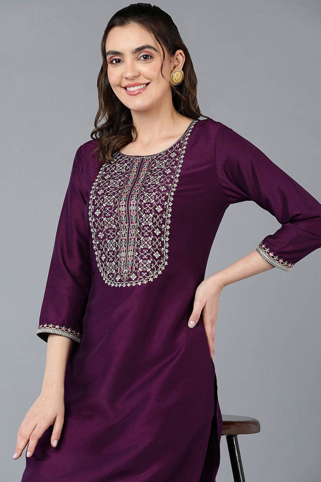 Purple Silk Blend Round Neck Kurti