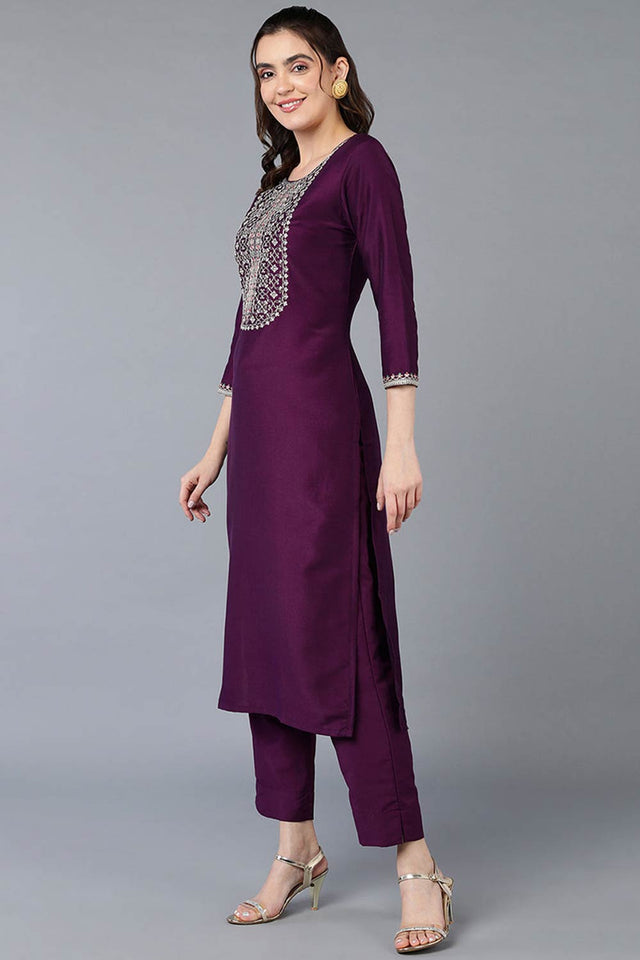 Purple Silk Blend Round Neck Kurti