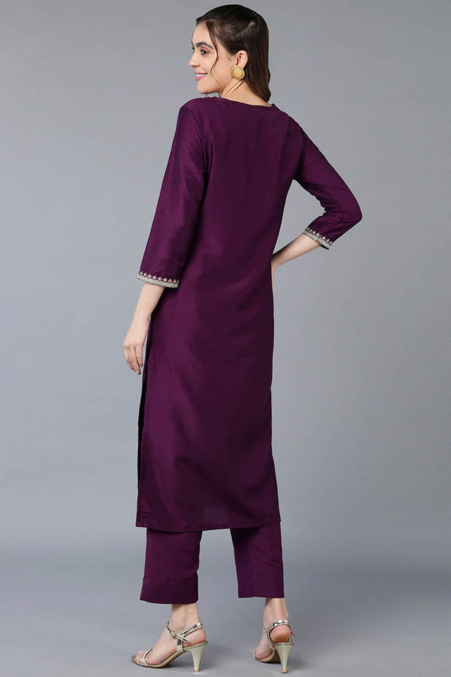Purple Silk Blend Round Neck Kurti