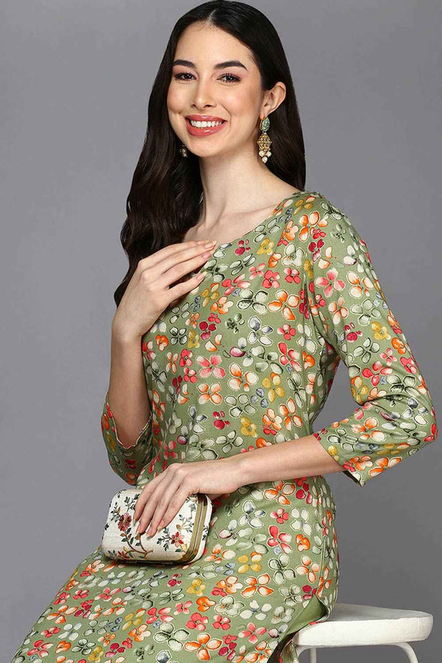 Green Rayon Floral Print Keyhole Neck Kurti