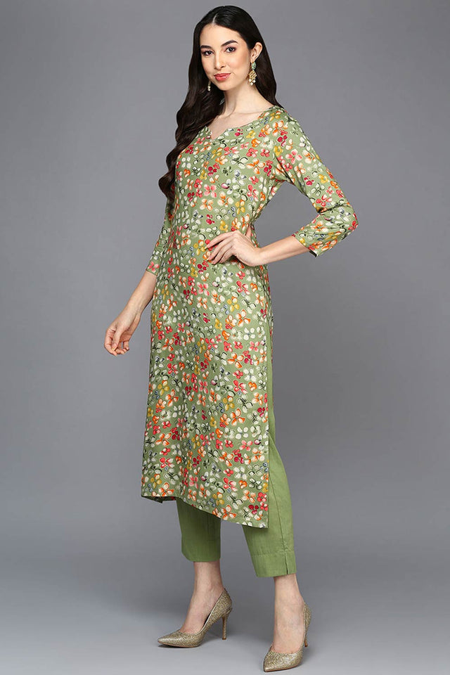 Green Rayon Floral Print Keyhole Neck Kurti