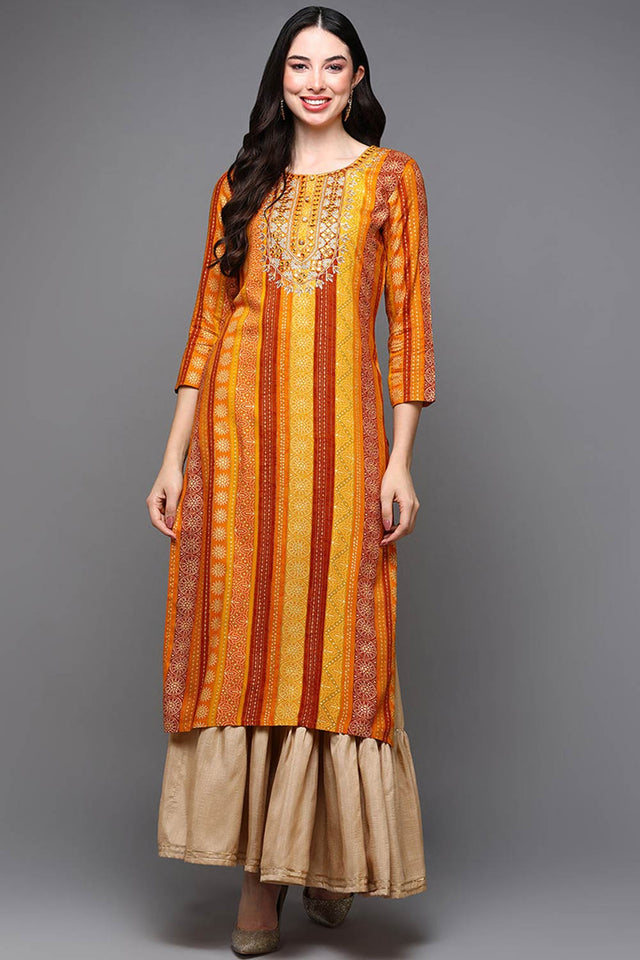 Yellow Rayon Bandhani Round Neck Kurti